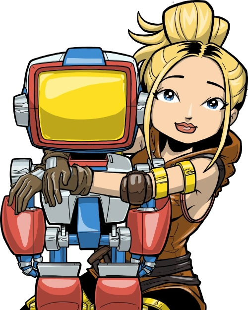 Robot and Girl charaters, posing with girl's arms wrapped around robot